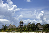 Palm-thatched roofs of Hotel Villa Delfines, on Holbox Island, Quintana Roo, Yucat�n Peninsula, Mexico,
